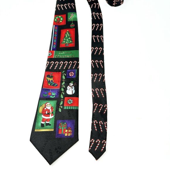 Hallmark Men's Yule Tie Greetings Christmas Neck Tie Black Candy Cane Santa Tree - Picture 2 of 9